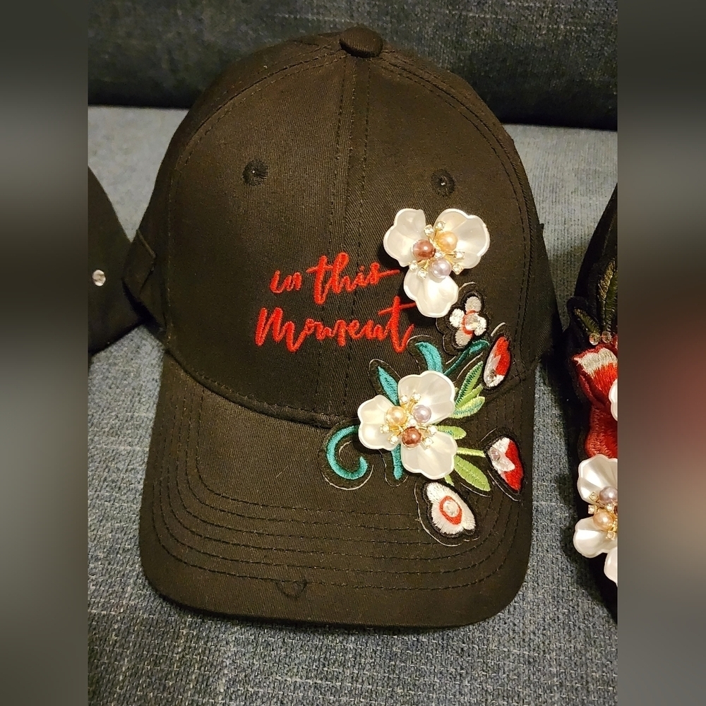 Floral Embroidered Black Cap "In This Moment" Upcycled Handmade Hat